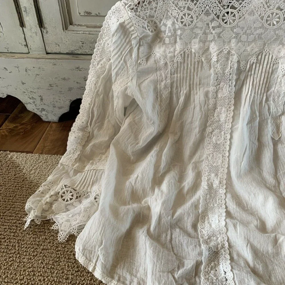 New White Lace Long Sleeve Western Boho Blouse Top Button Front Vintage MCM - Picture 6 of 9